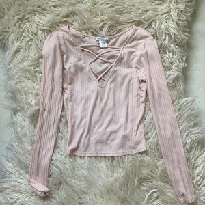Pale Pink Deep V Long Sleeve Shirt
